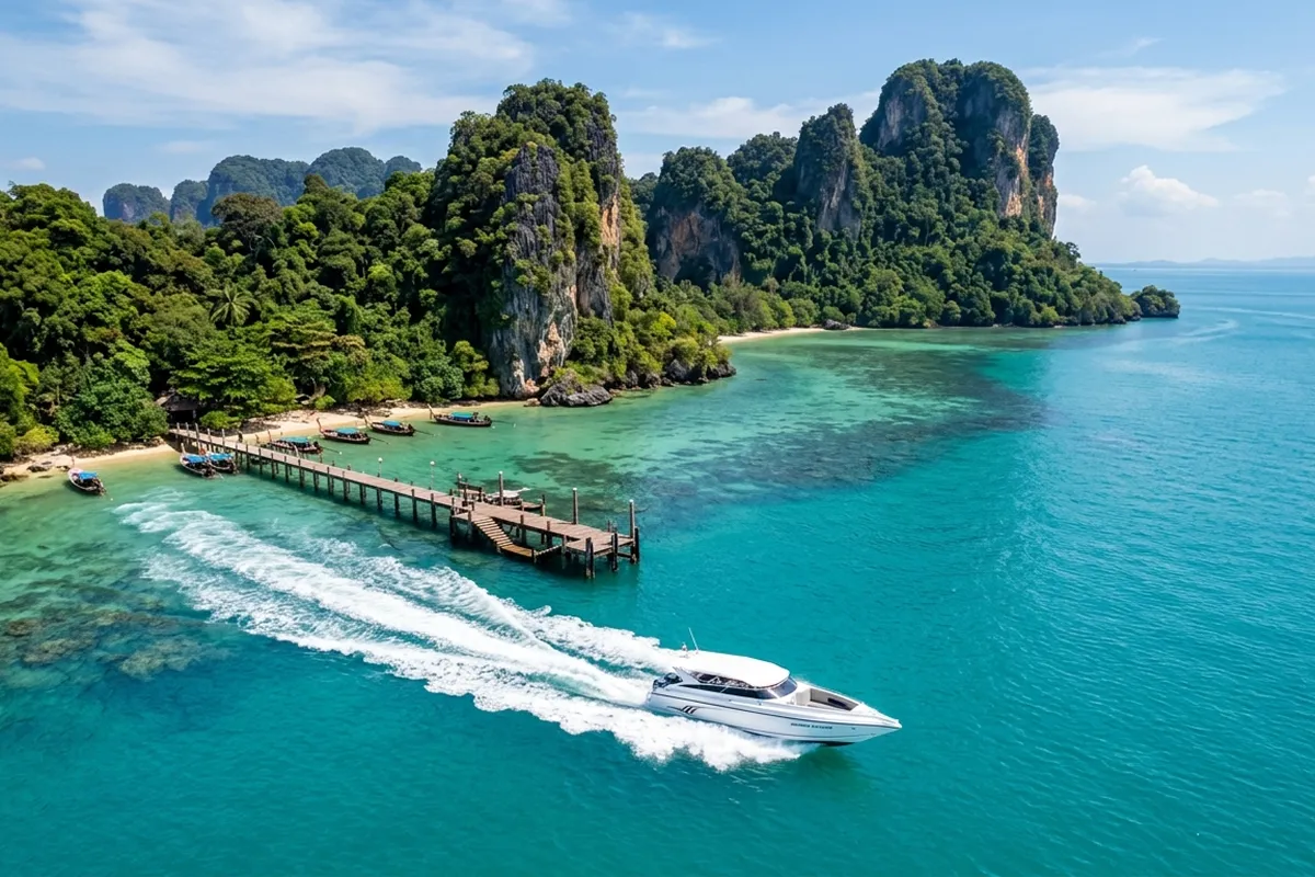 Aerial view of private speedboat approaching Koh Yao Yai for transfer from Phuket