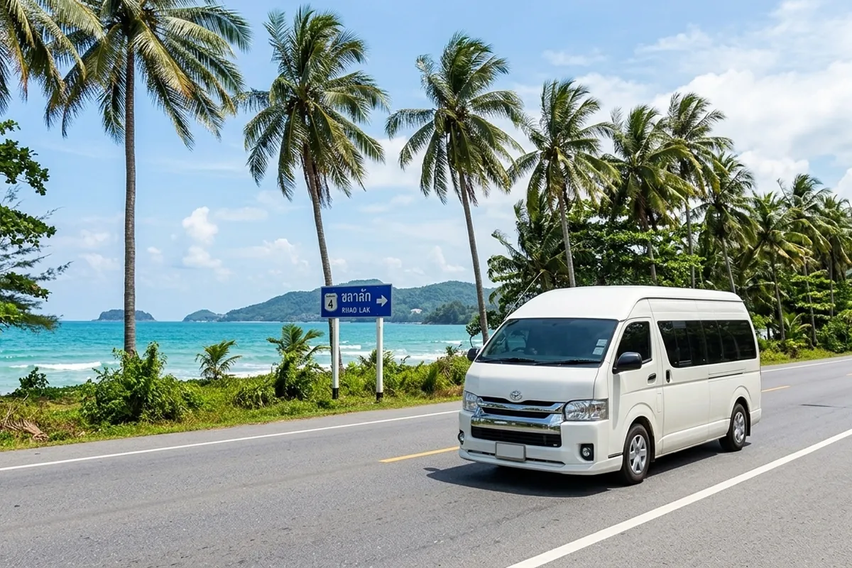 White Toyota Commuter van driving Phuket to Khao Lak private transfer route