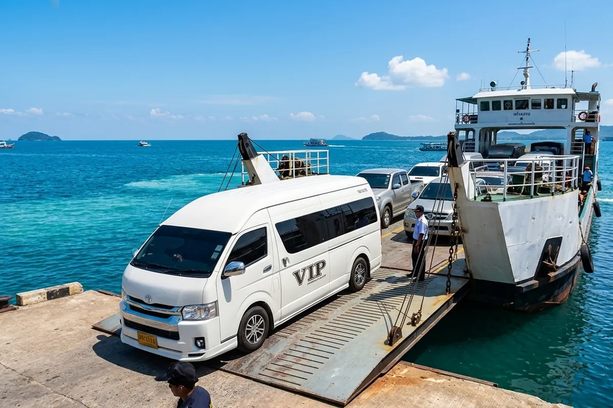 White Toyota Commuter van on ferry crossing to Koh Lanta private transfer route