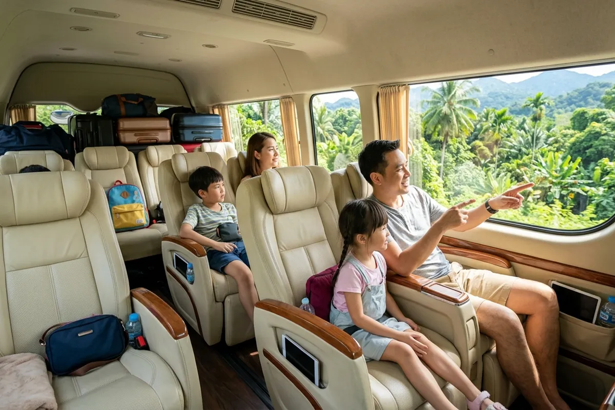Family in Toyota Commuter van driving to Khao Sok National Park