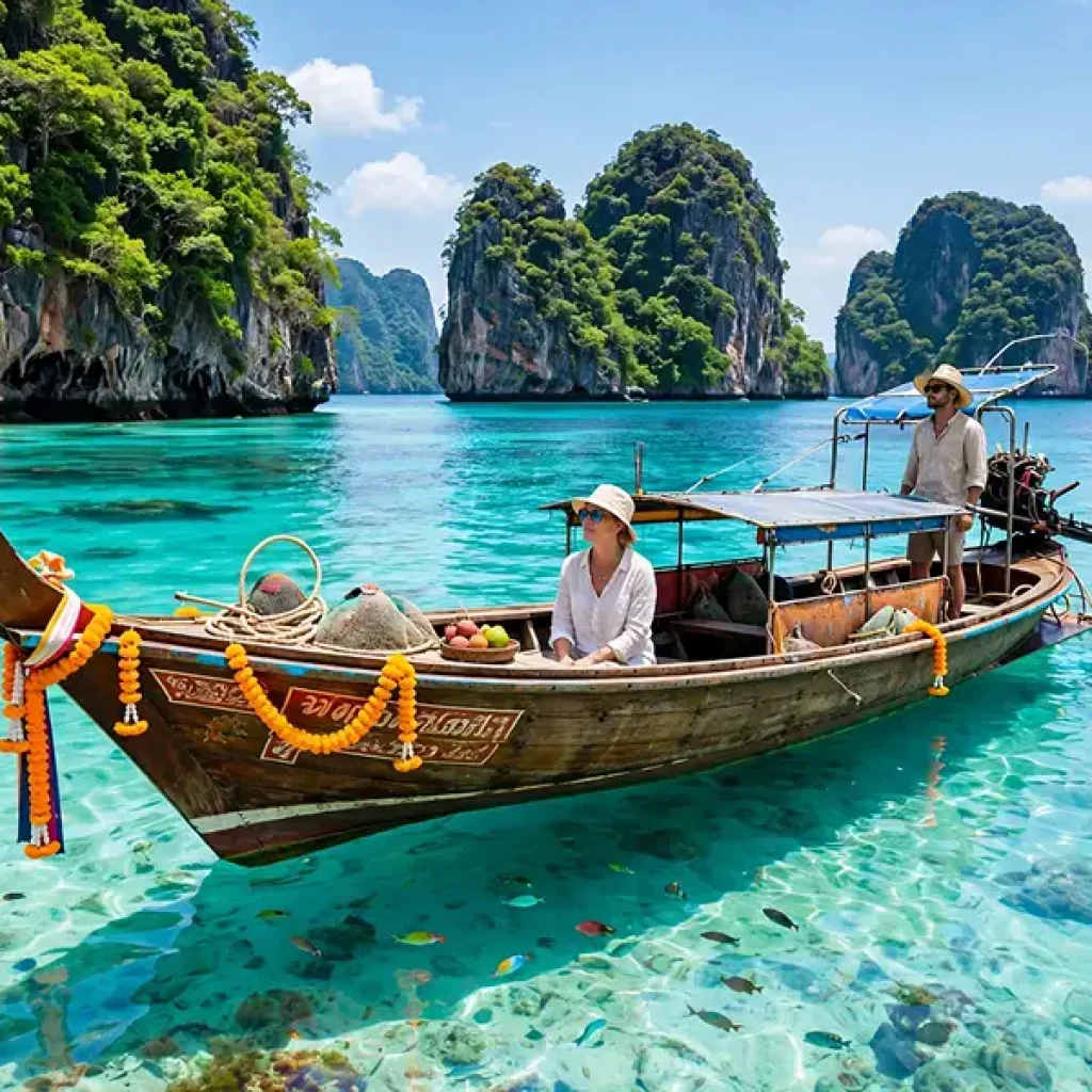 Tourists on longtail boat in crystal clear turquoise water Koh Lanta with limestone islands