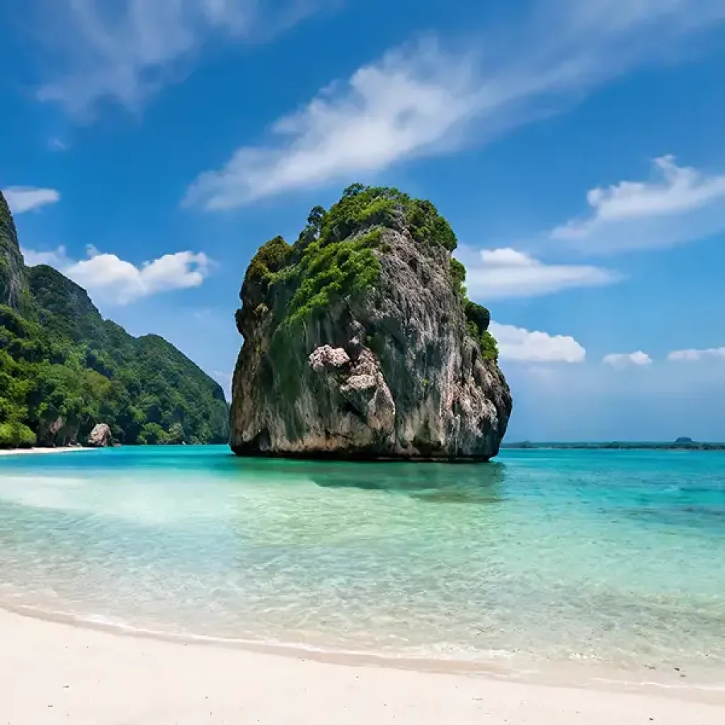 White sand beach with limestone karst island in turquoise sea - Hong Islands Krabi