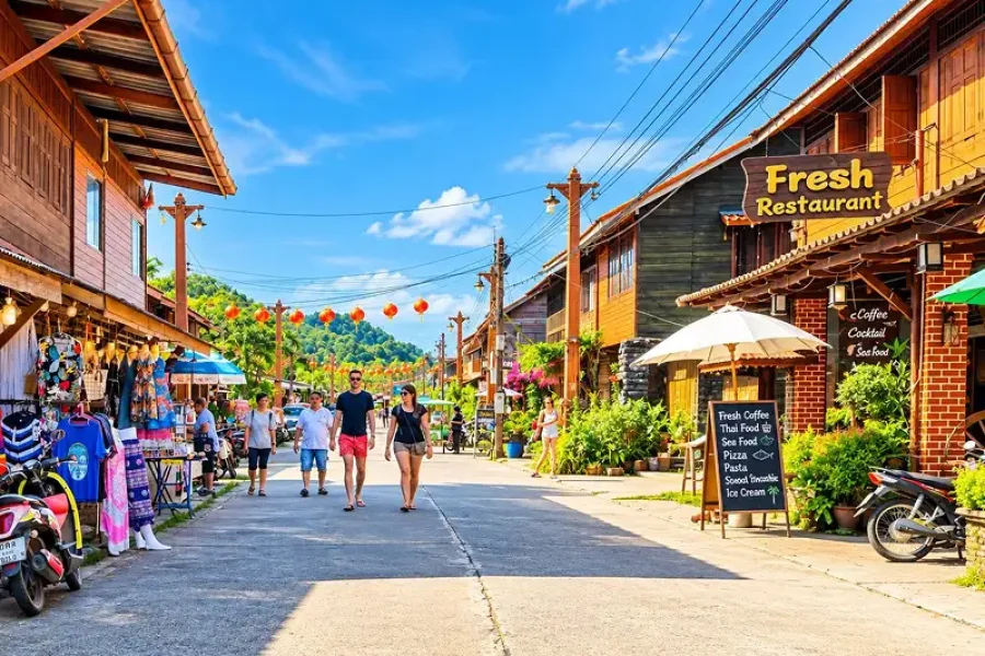 Koh Lanta Old Town walking street vibrant with tourists colorful shops and Fresh Restaurant under blue sky - cover