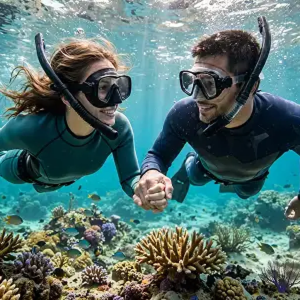Couple snorkeling together over coral reef during Koh Lanta snorkeling tour
