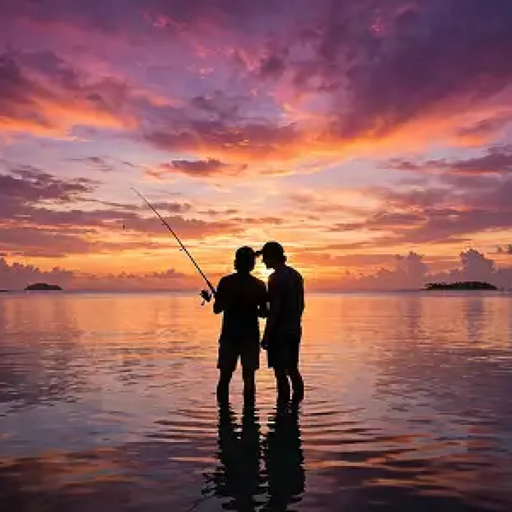 Silhouette of people fishing at sunset on the beach in Koh Lanta - Sunset Tour