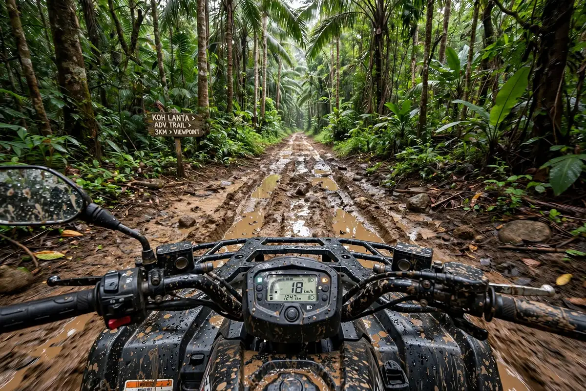 First person view from ATV handlebar riding to Koh Lanta viewpoint 3km adventure trail