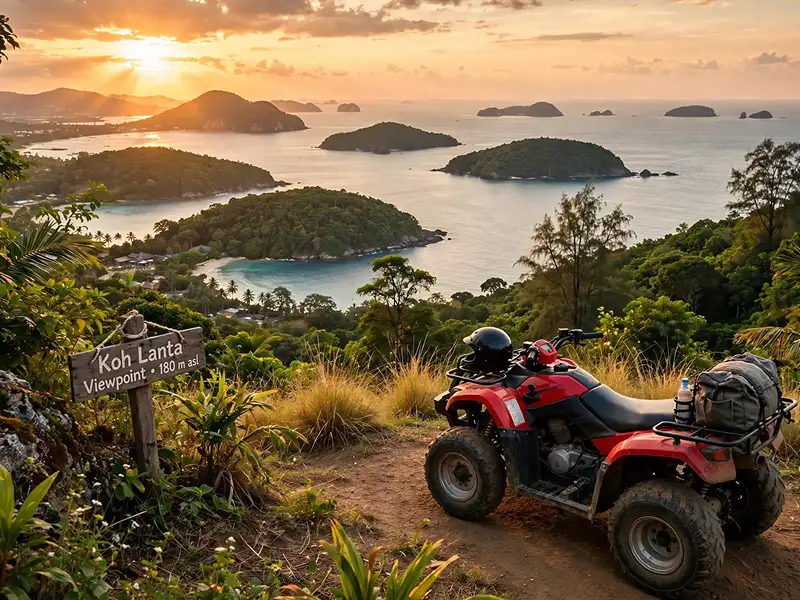Red ATV parked at Koh Lanta viewpoint 180m above sea level overlooking islands at sunset