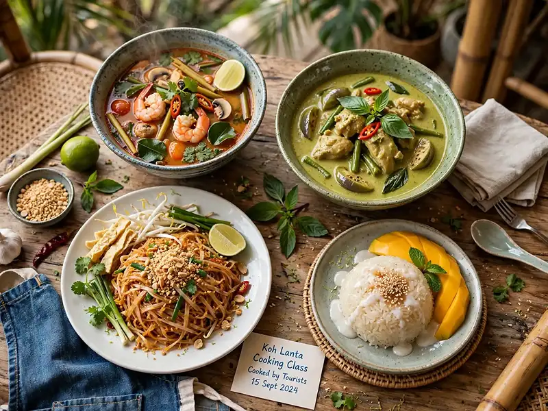 Four Thai dishes Tom Yum Green Curry Pad Thai Mango Sticky Rice