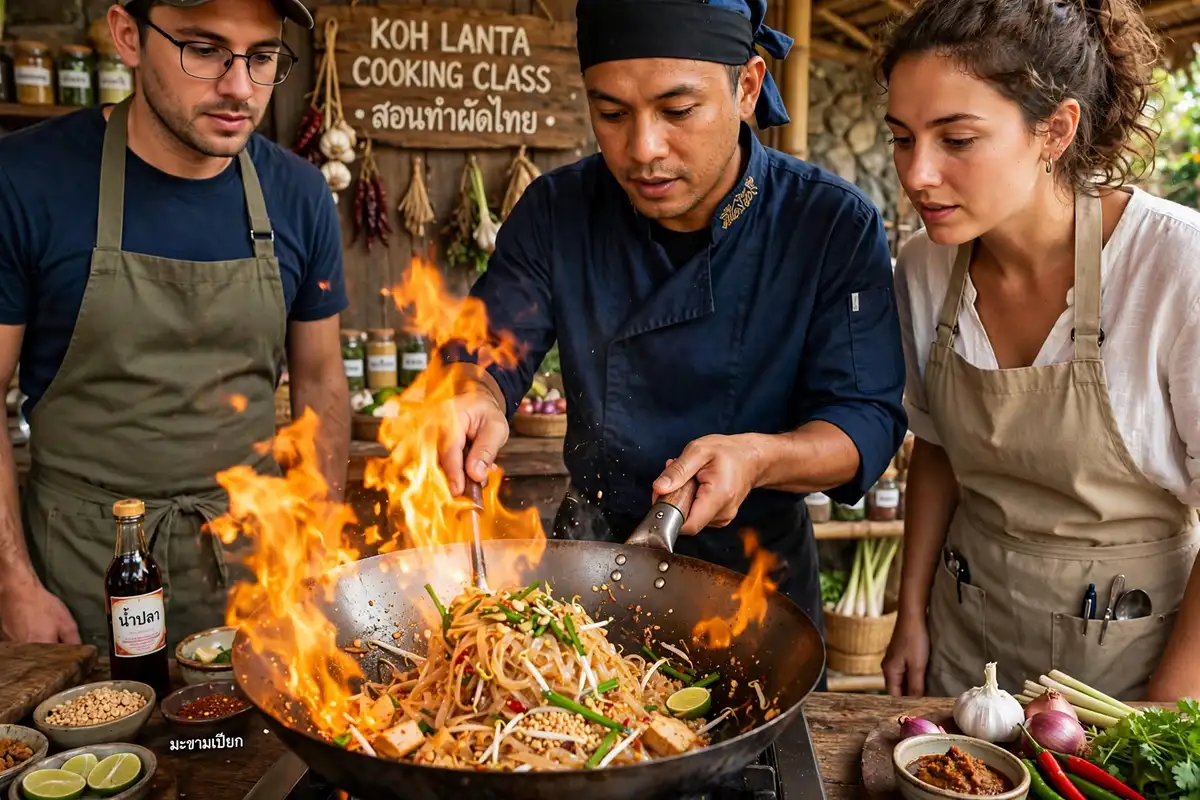 Koh Lanta Cooking Class chef teaching Pad Thai wok