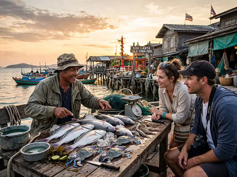 Koh Lanta Fishing Tour Old Town pier fresh fish crabs sunset