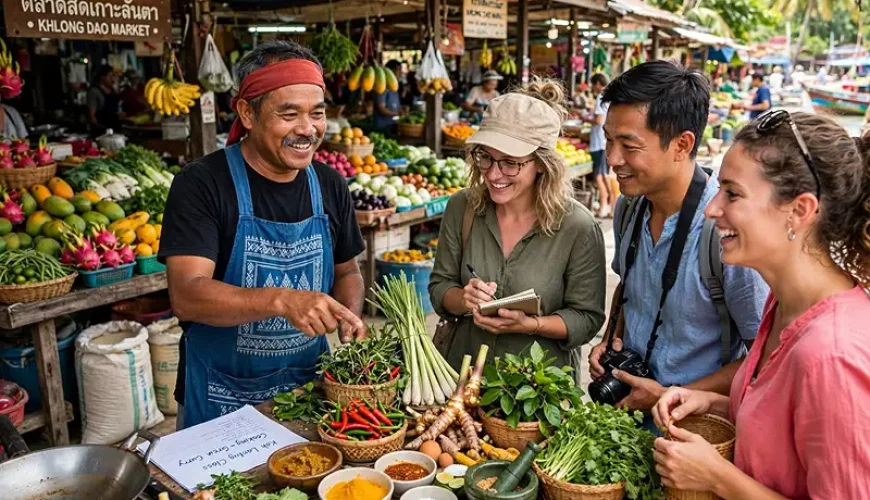 Thai chef teaching tourists to stir fry Pad Thai with flames in wok during Koh Lanta cooking class