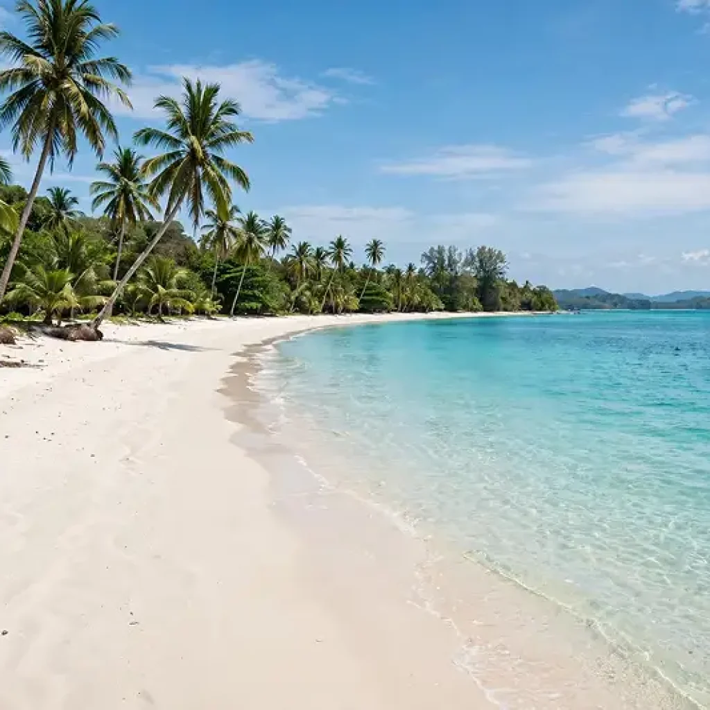 Pristine white sand beach and turquoise sea in Krabi, Thailand