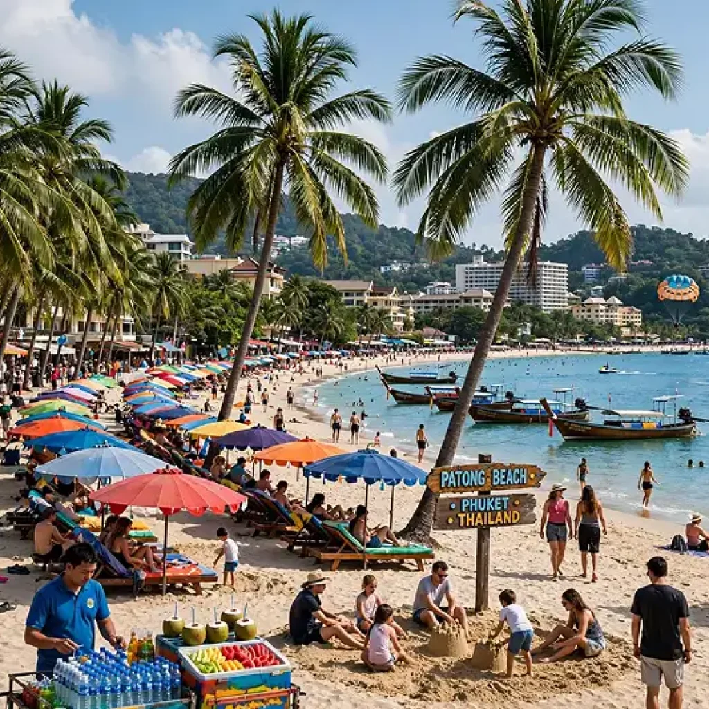 Tropical beach atmosphere with sun loungers and tourists in Krabi