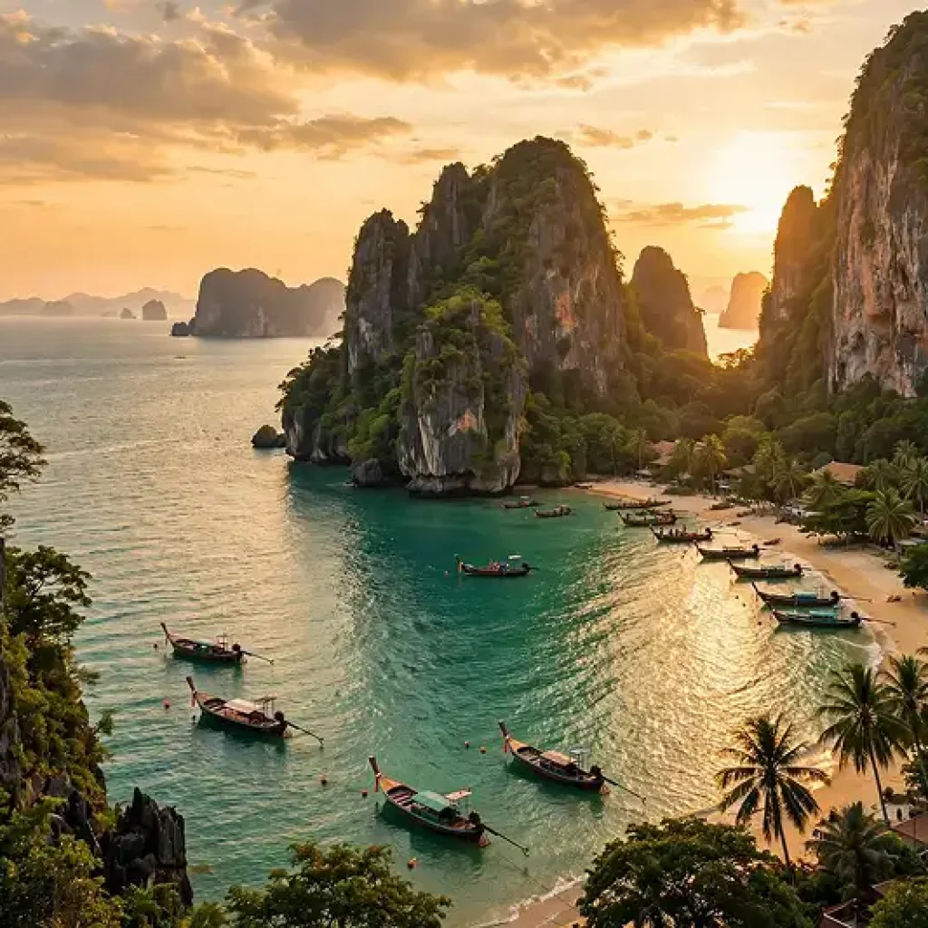Scenic sunset over tropical bay surrounded by limestone cliffs in Krabi