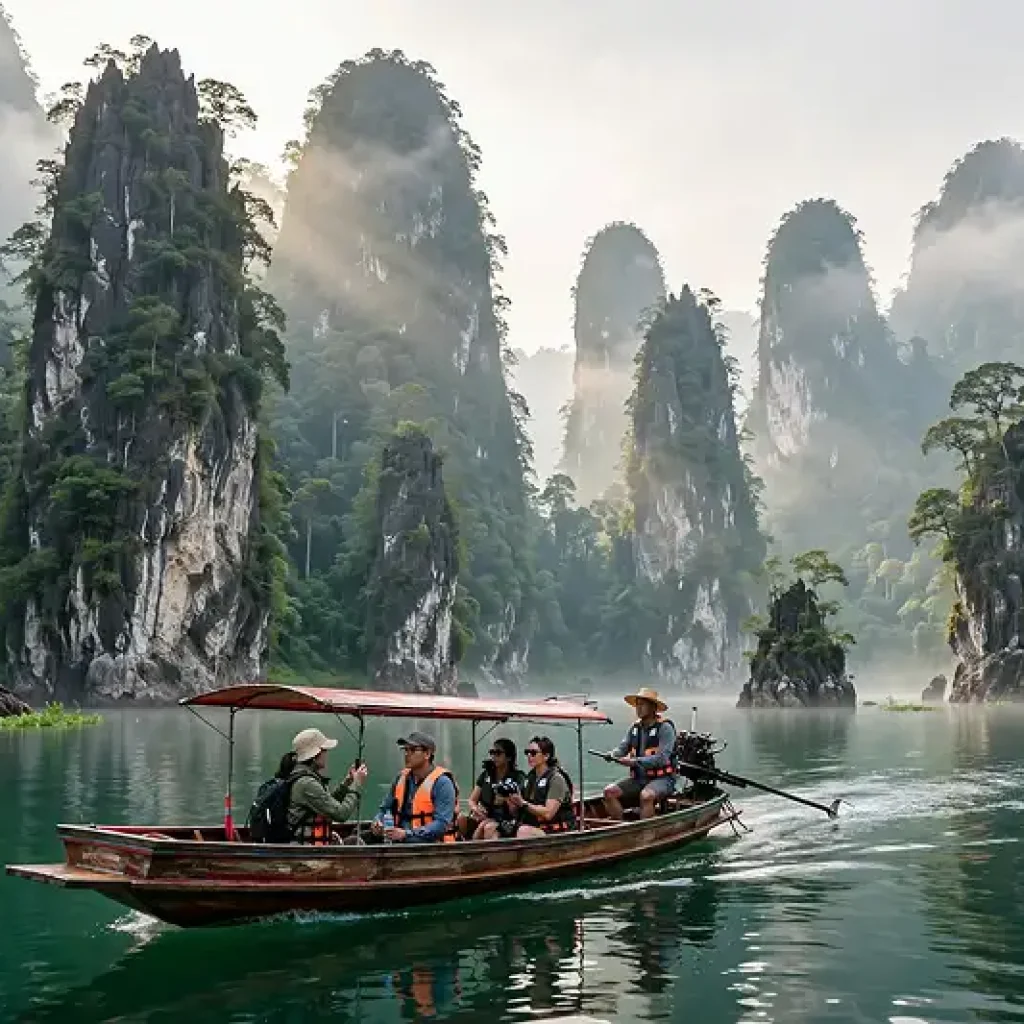 Traditional Thai longtail boat sightseeing along scenic emerald lake