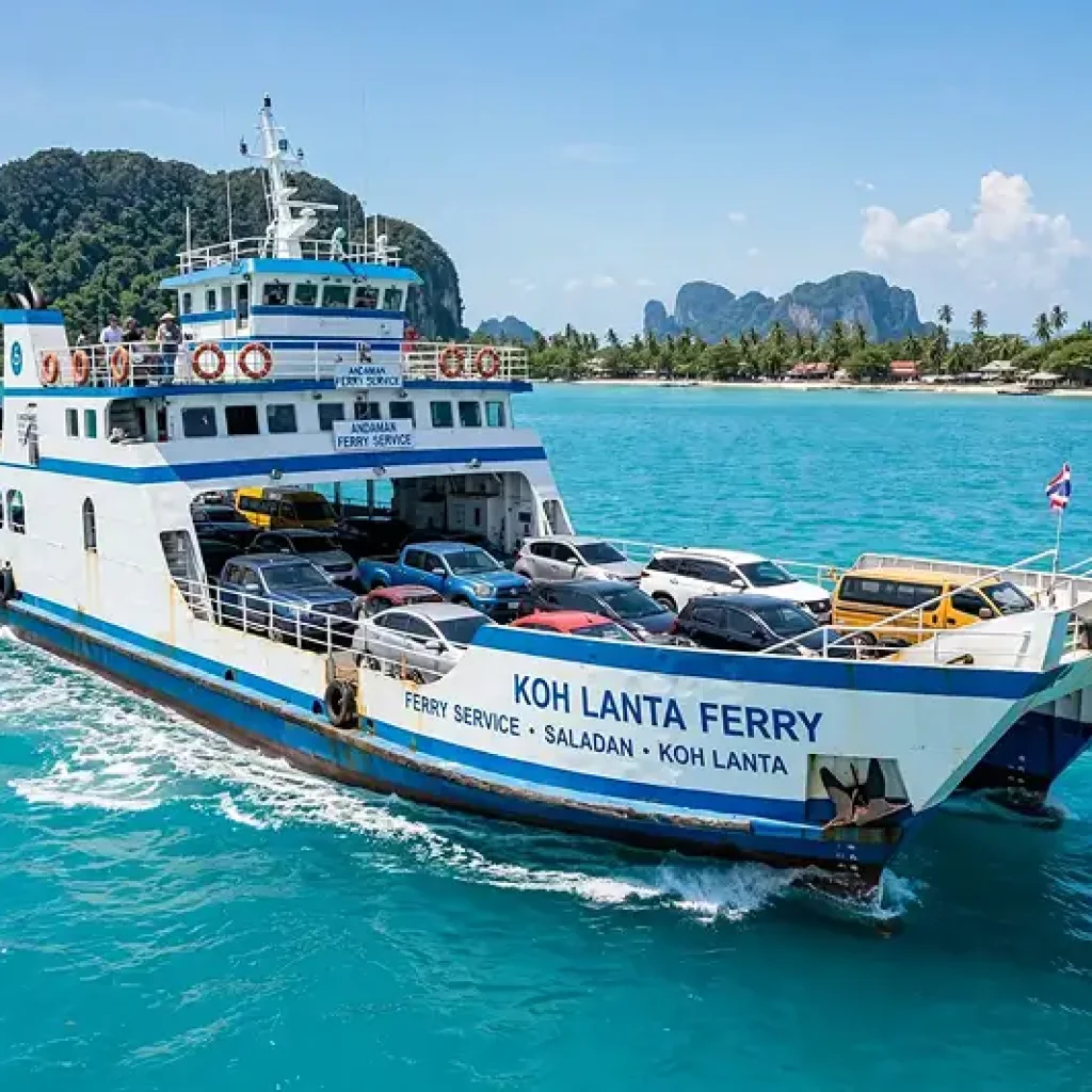 Sea passenger and vehicle ferry crossing to tropical island