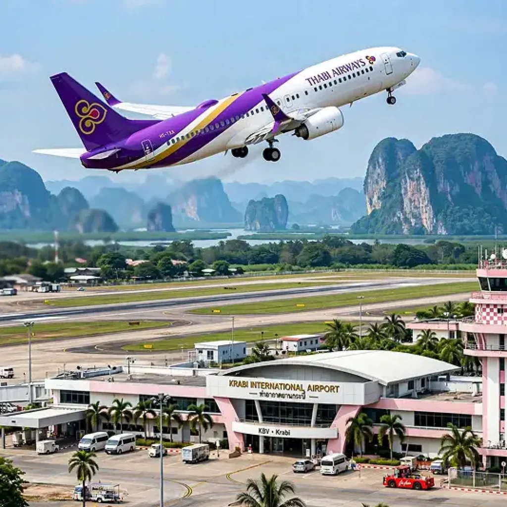 Airplane taking off over Krabi International Airport terminal building